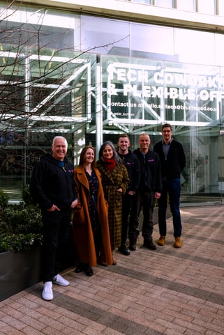 L–R: Guy Remond (Co-founder, EHE Ventures), Ellie Kallis (Co-founder Good With), Gabriela Isas, (Co-founder and CEO of Good With), Jack Worne (Head of Investor Relations, EHE Venture Studio), Pete Evison (Ops Director, EHE Venture Studio), and Aleksa Vukotic (CTO, EHE Venture Studio)